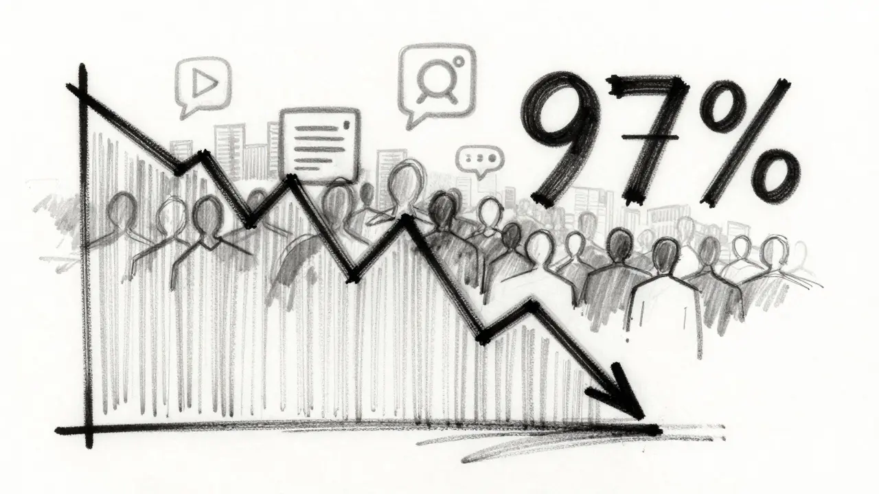 Charcoal sketch of crashing stock chart and fading crowd