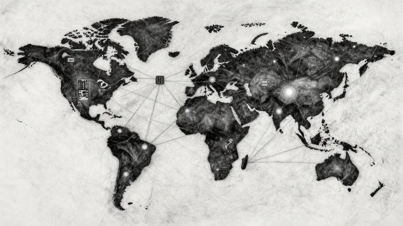 Charcoal sketch of decentralized neural network connecting global compute nodes