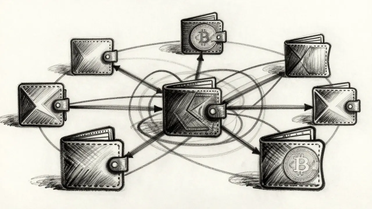 Charcoal sketch of interconnected wallets and exchanges showing data flow complexity.