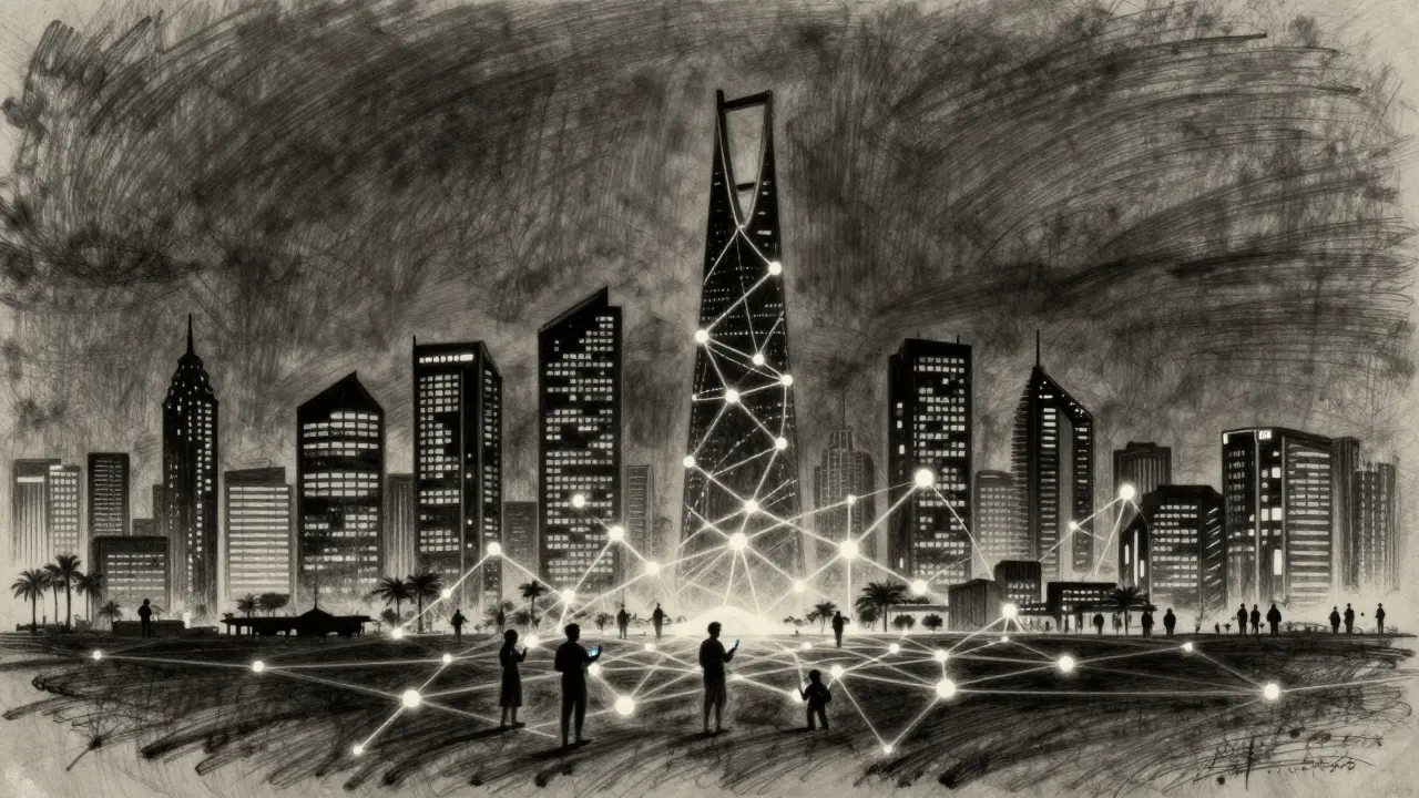 Charcoal sketch of Riyadh skyline made of blockchain blocks