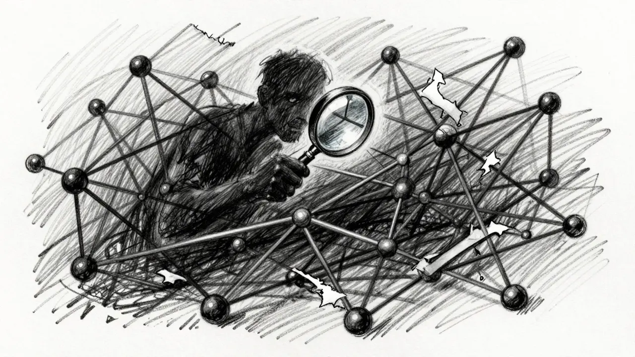Charcoal sketch of tangled crypto network web