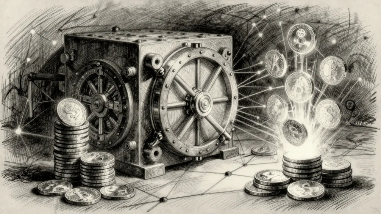 Charcoal sketch showing tokens locked in a vault and wrapped tokens emerging
