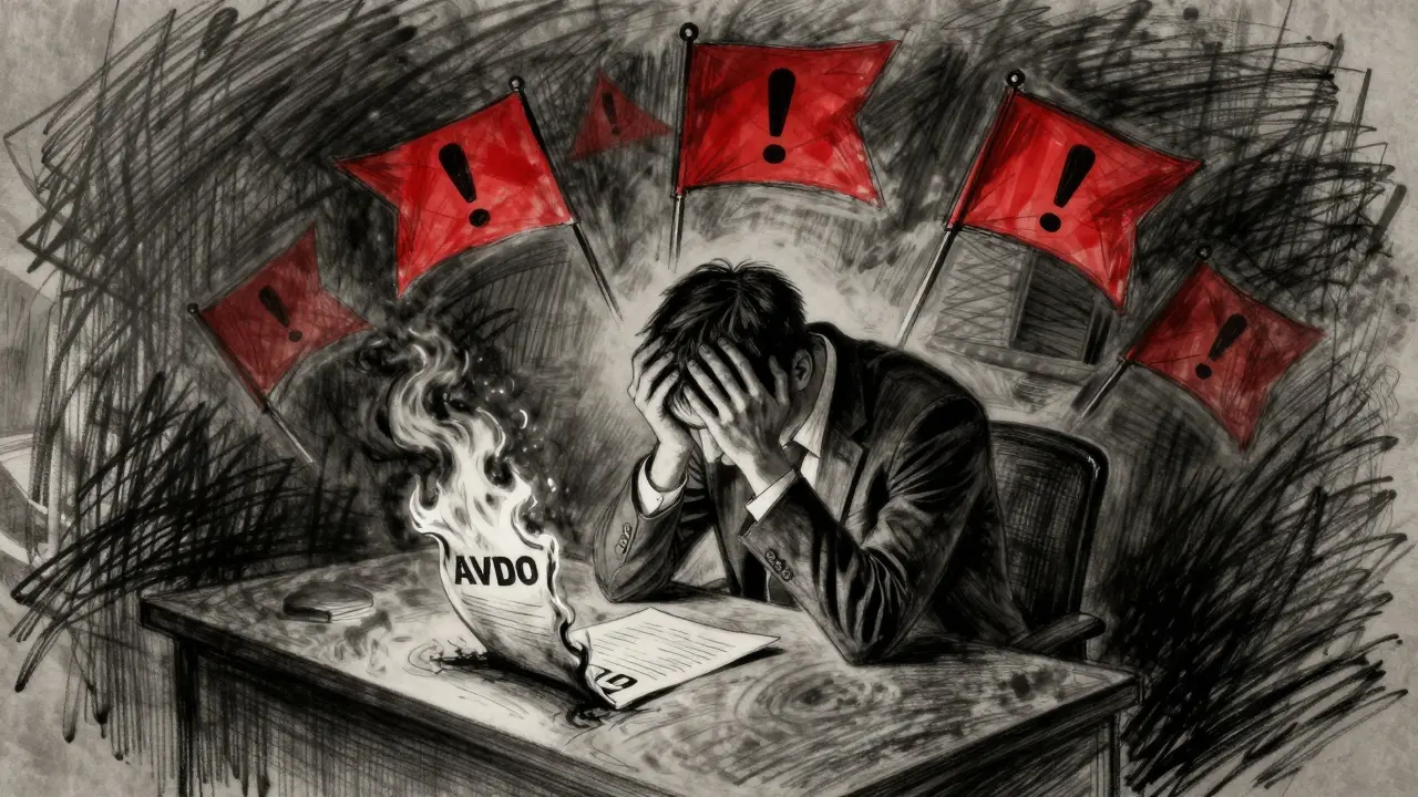 Dark charcoal drawing of a frustrated investor with burning documents and red flags.
