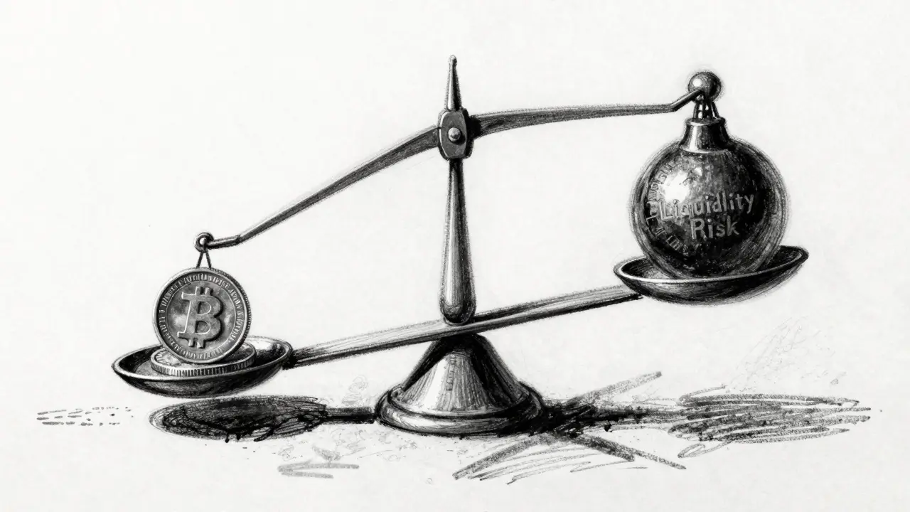 Fragile balance scale showing high risk and low liquidity in charcoal
