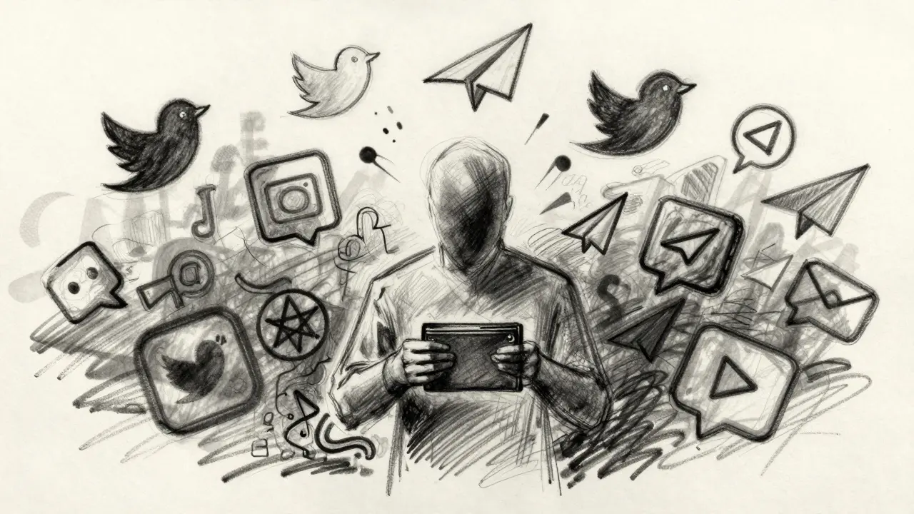 Sketch of swirling social media icons representing airdrop task completion.