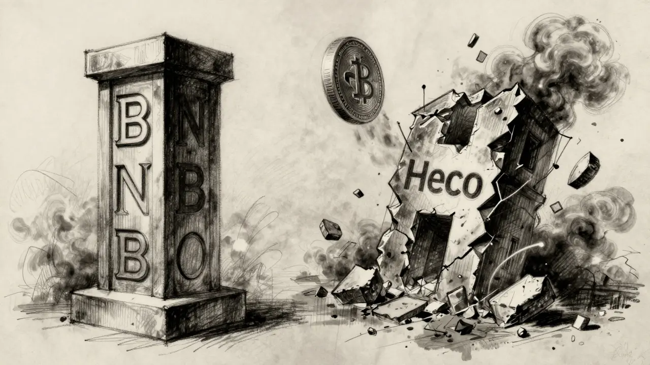 Sketch showing stable BNB chain vs crumbling fake Heco chain scam structure