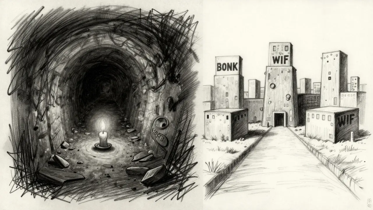 Charcoal art comparing a dark speculative tunnel to a bright stable path
