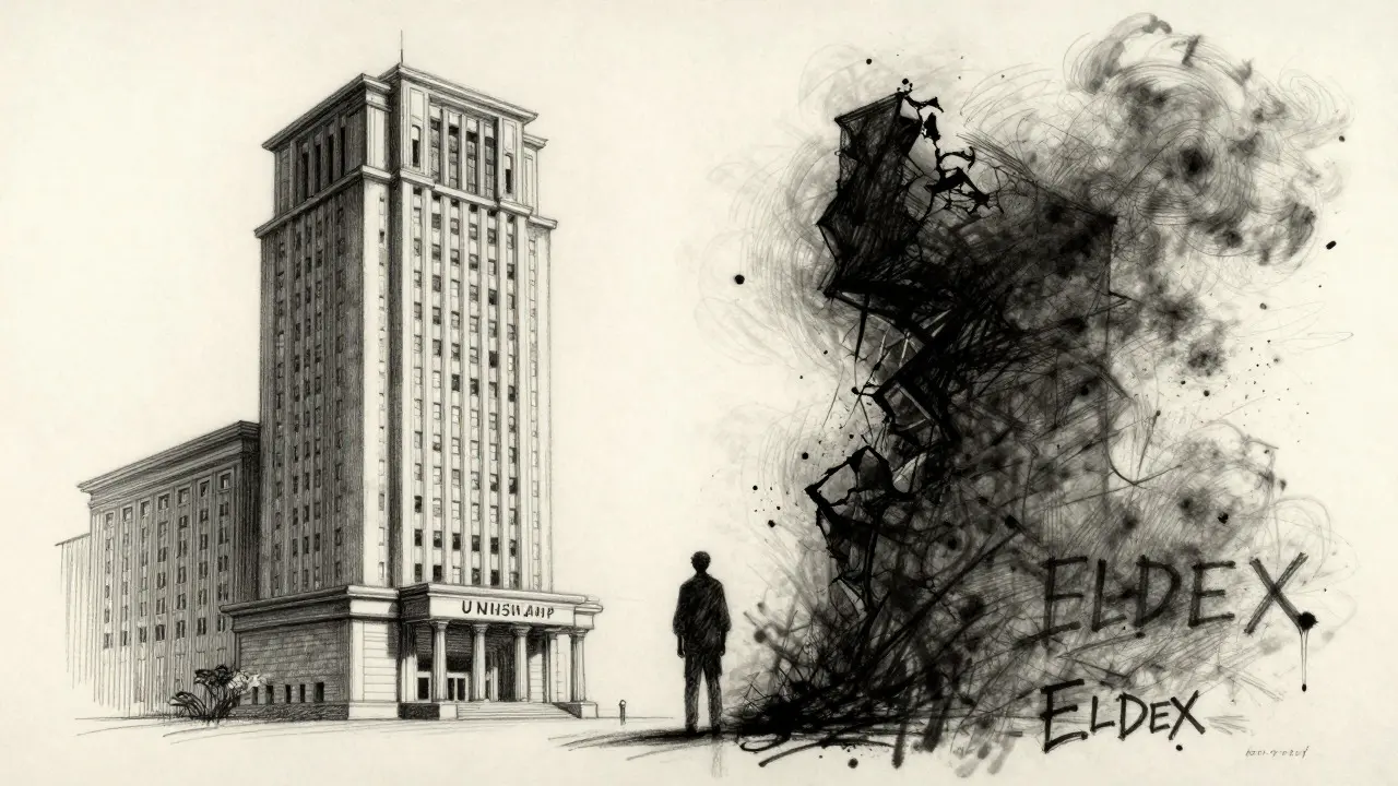 Charcoal art contrasting a solid exchange building with a crumbling shadow structure