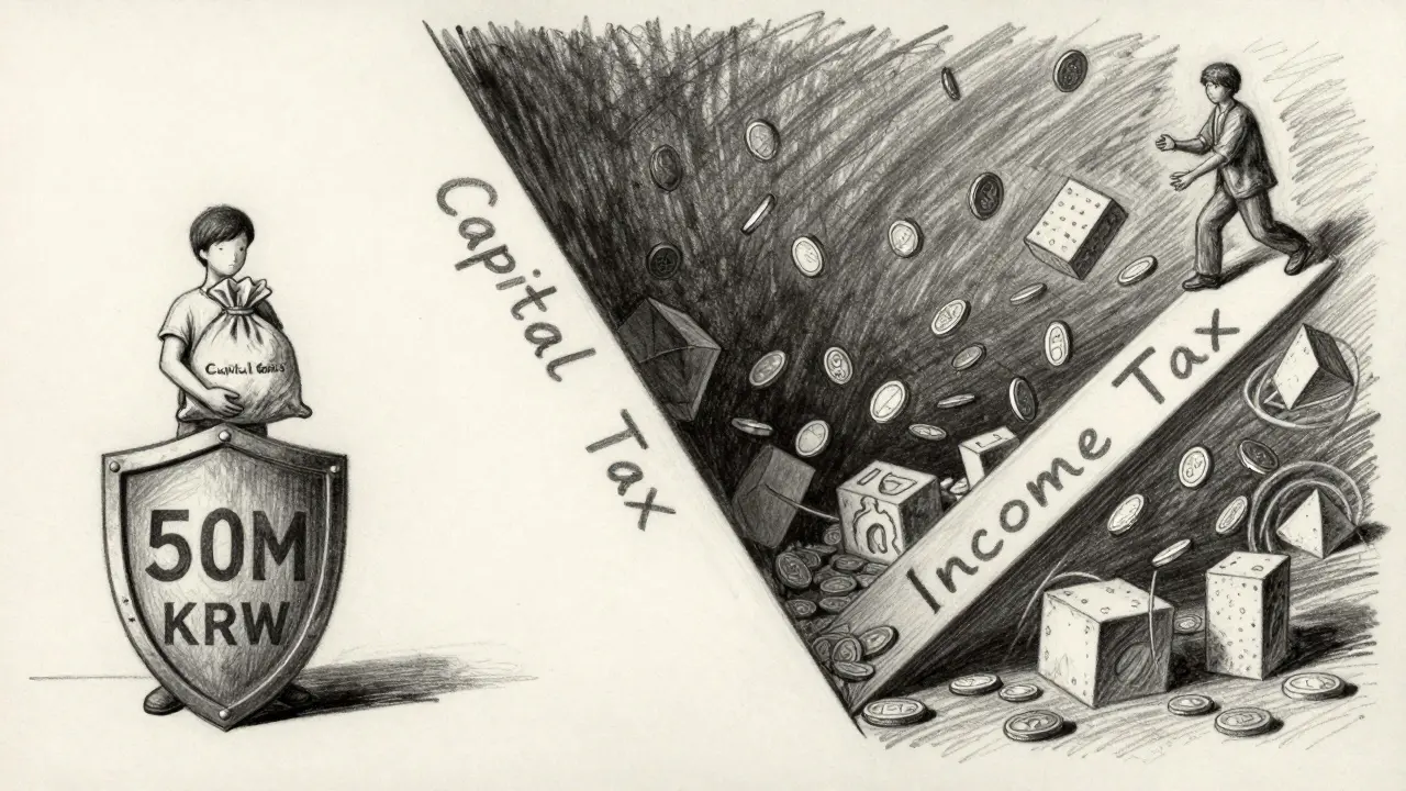 Charcoal art contrasting protected capital gains with complex income tax burdens