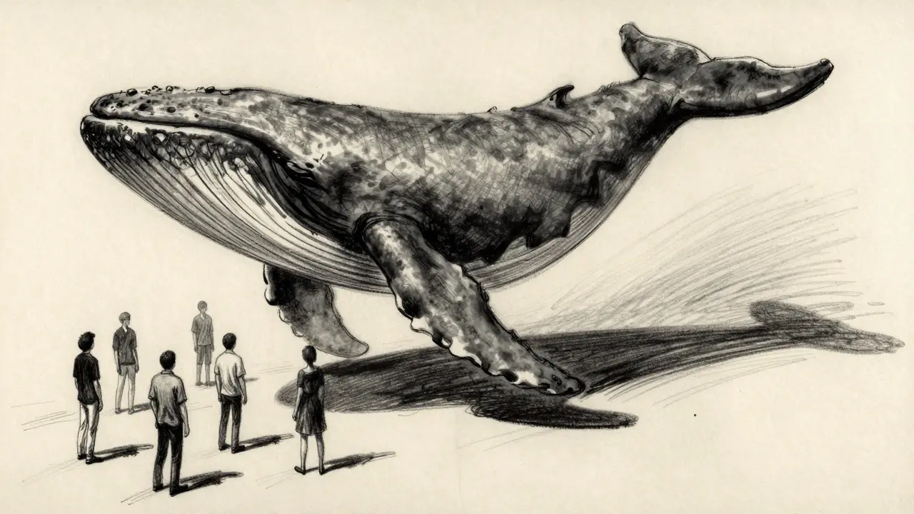 Charcoal art depicting a large shadowy figure overshadowing smaller voters in a DAO.