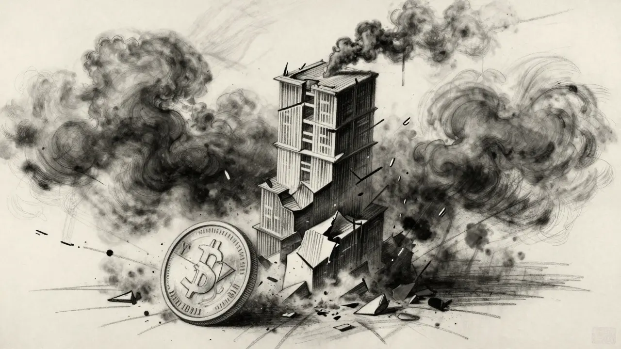 Charcoal art of a crumbling tower symbolizing failed crypto peg