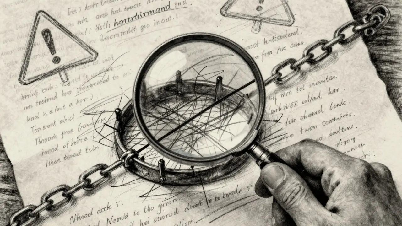 Charcoal art of a magnifying glass revealing a hidden trap in complex text
