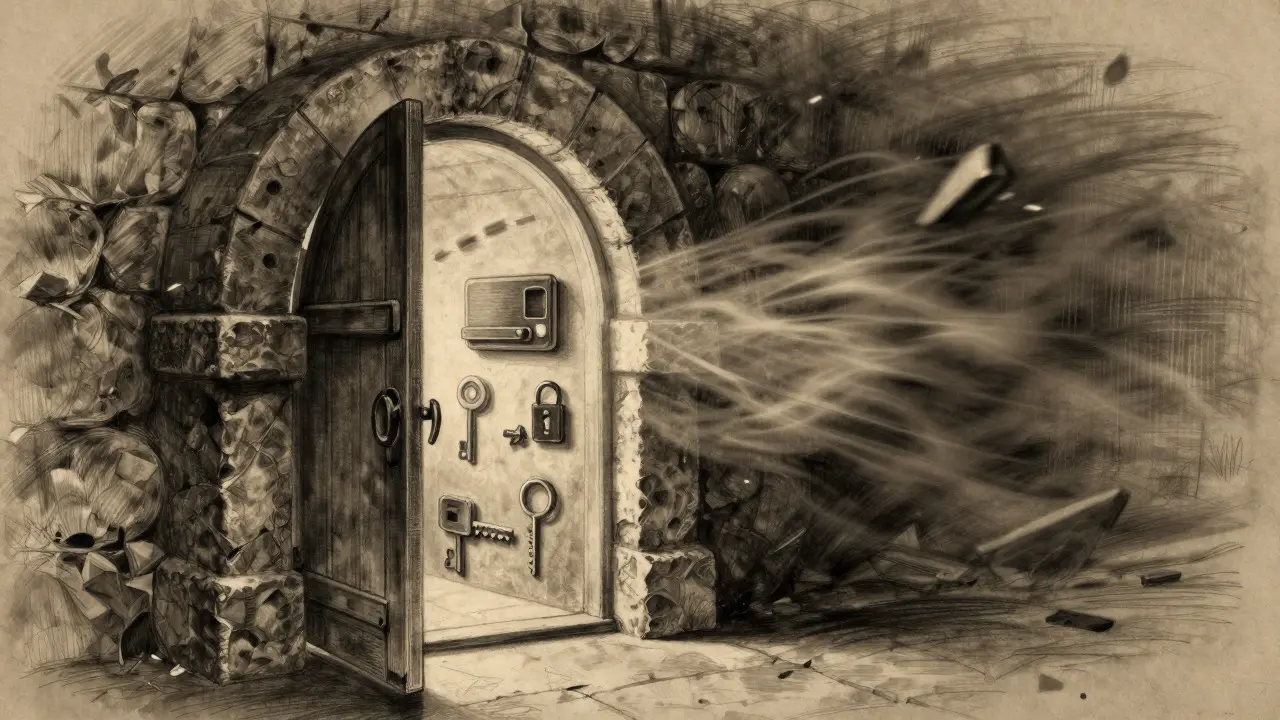 Charcoal art of secure vault contrasting with chaotic background