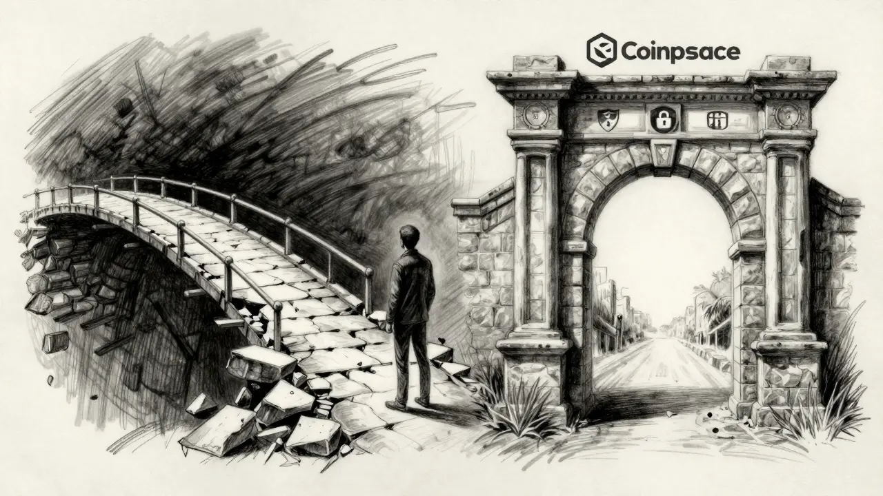 Charcoal art showing a choice between a crumbling bridge and a secure, regulated path