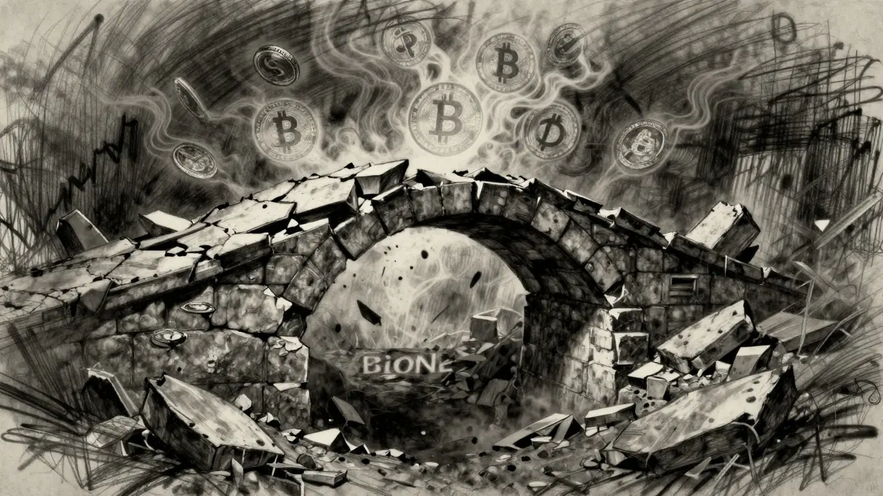 Charcoal art showing a crumbling bridge representing a failed crypto exchange.