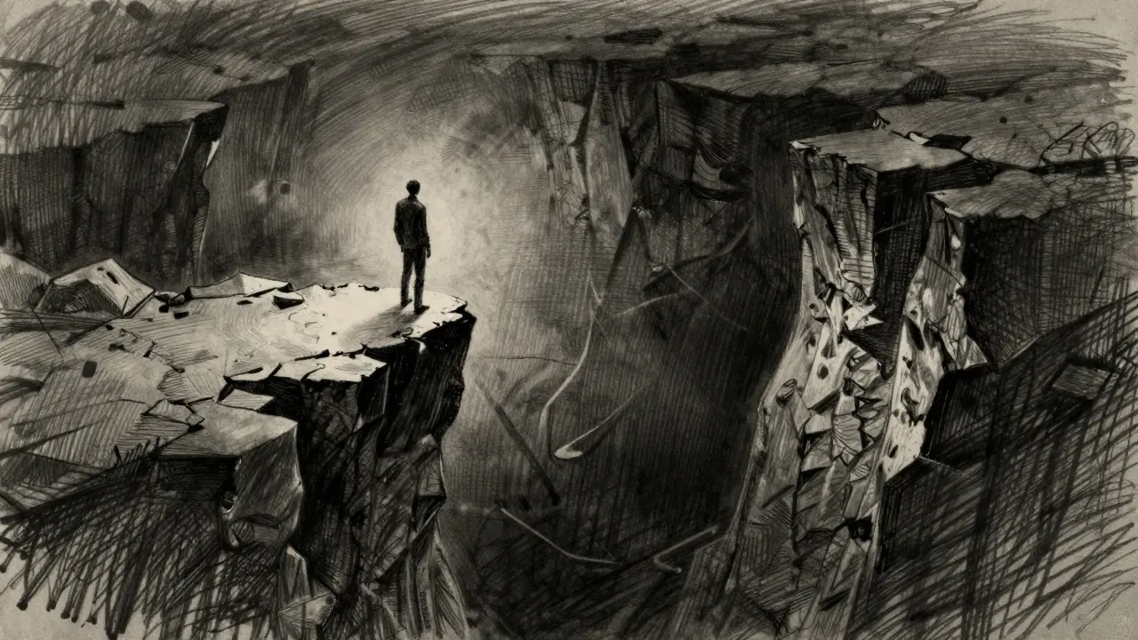 Charcoal art showing a figure on a cliff edge symbolizing risk