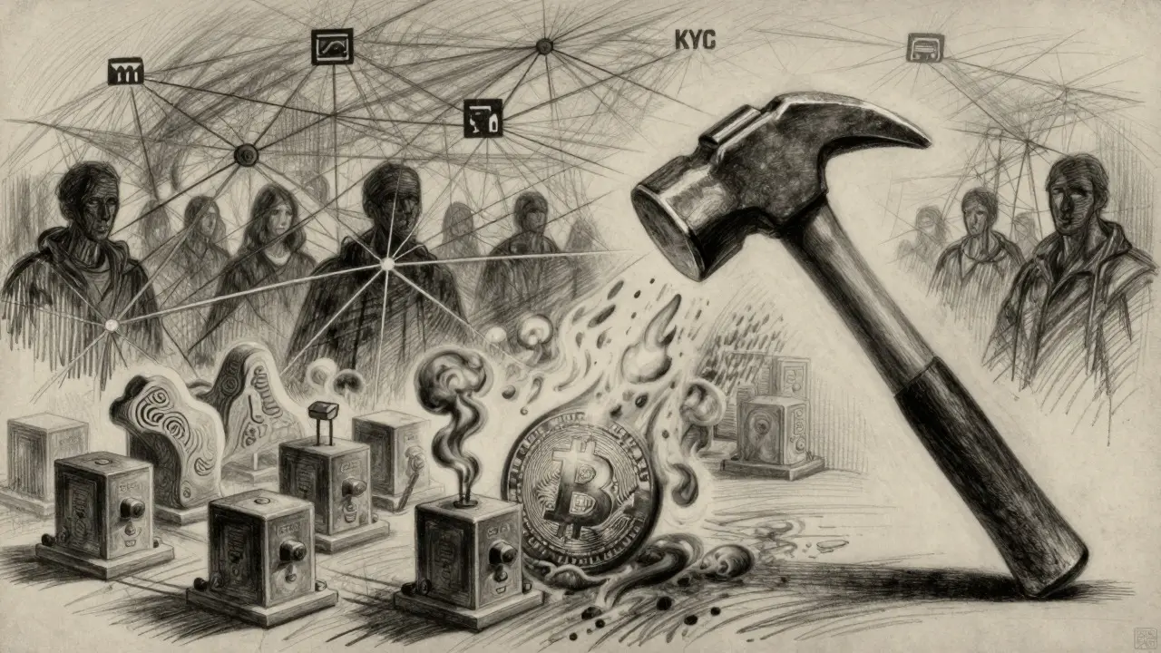 Charcoal art showing a hammer striking crypto symbols amidst a web of surveillance lines.