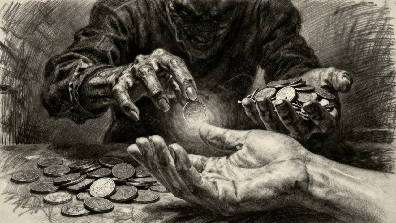Charcoal art showing a hand holding a small coin while a shadowy figure steals larger ones