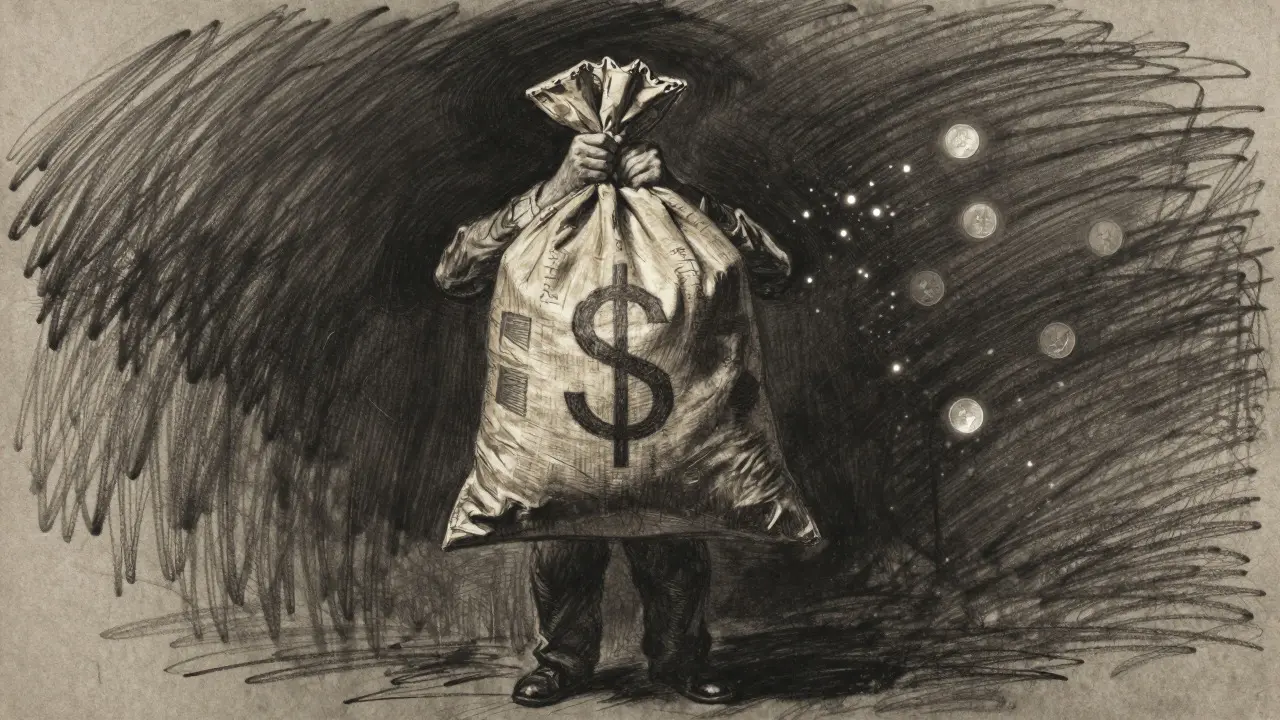 Charcoal art showing a heavy sack with tiny sparks drifting away, representing low-value token reflections.