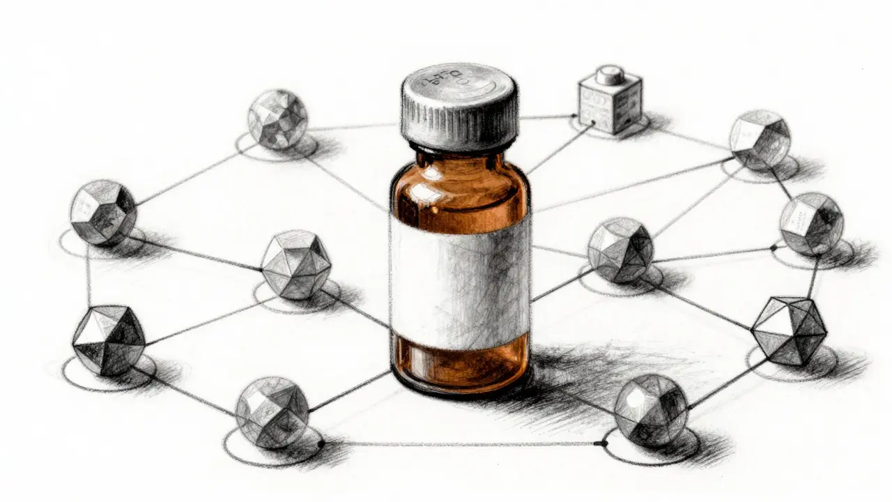 Charcoal art showing a medicine bottle surrounded by a secure supply chain network