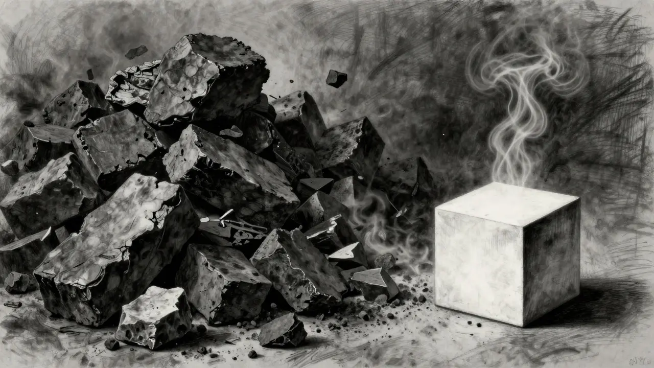 Charcoal art showing a pile of coins dissolving into dust, symbolizing token burning