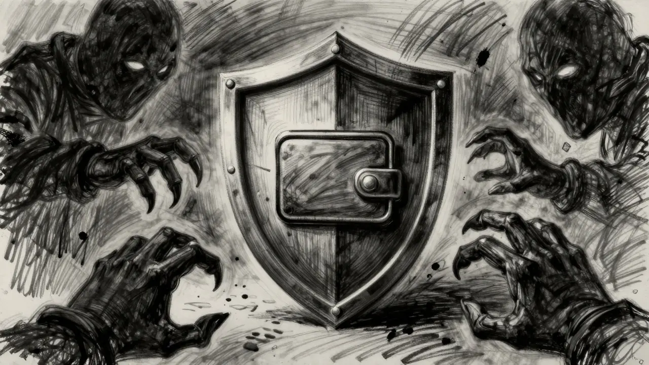 Charcoal art showing a shield protecting a wallet from shadowy scammer hands