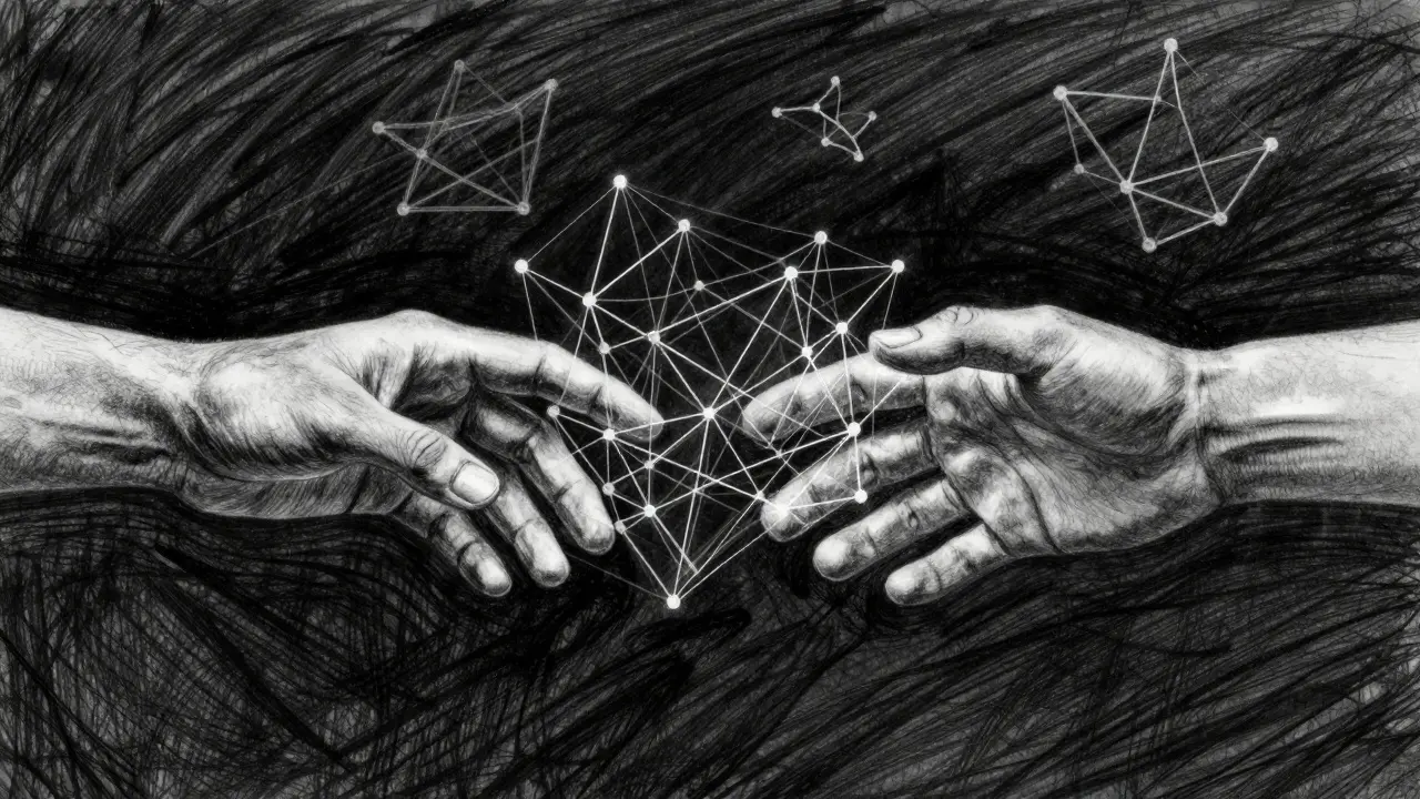 Charcoal art showing hands connected by a web of code, symbolizing smart contracts.