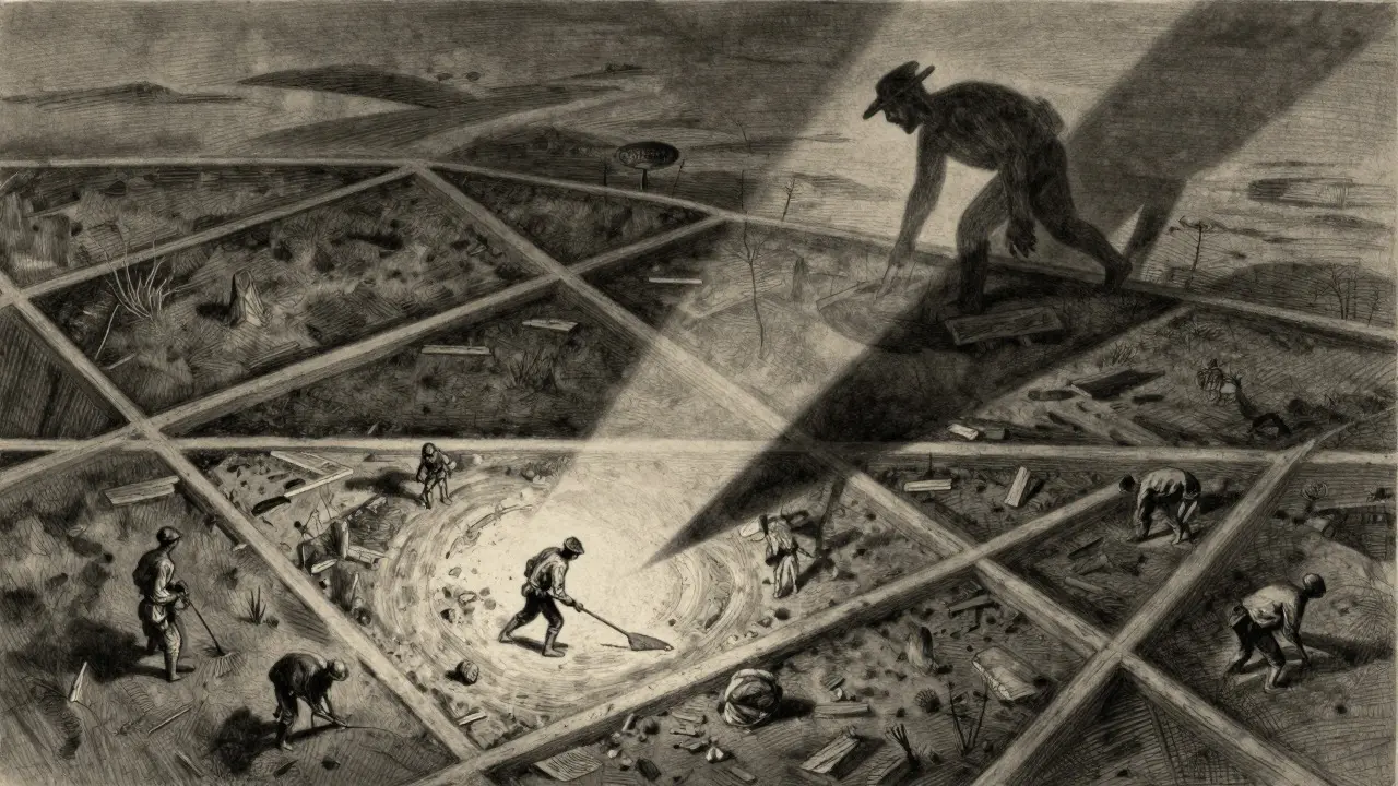 Charcoal art showing land ownership dynamics in Alien Worlds