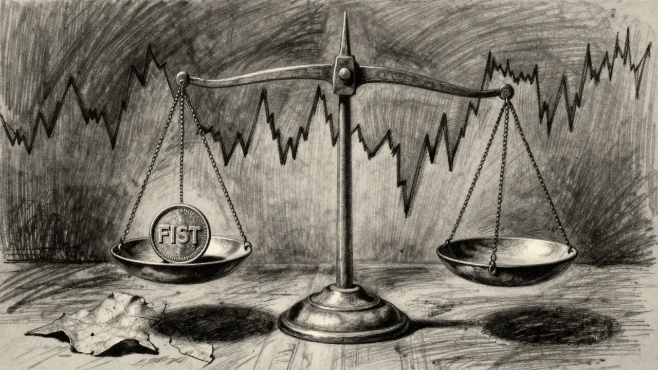 Charcoal art showing volatile FIST token on a shaky scale with price chart