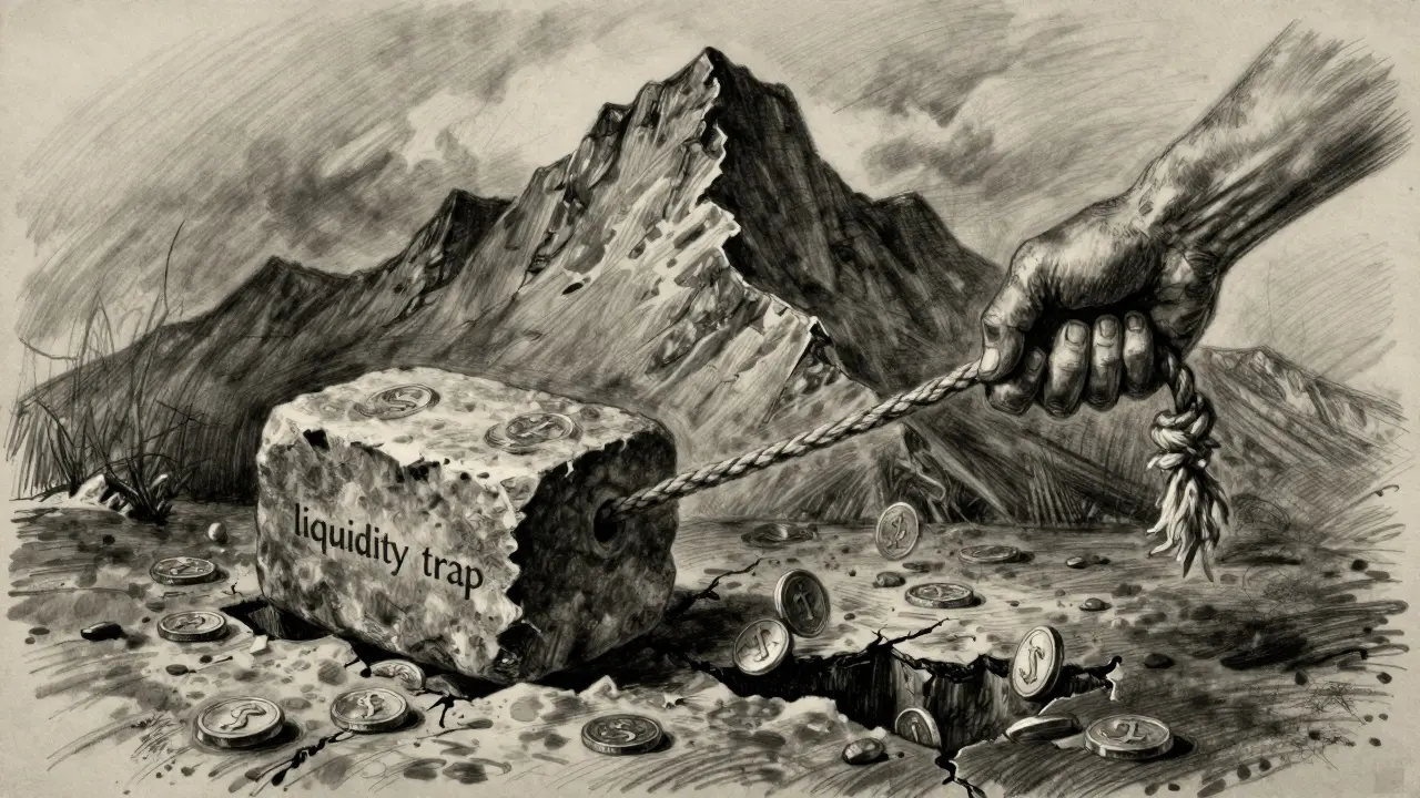 Charcoal drawing illustrating a liquidity trap with heavy weights and fraying ropes