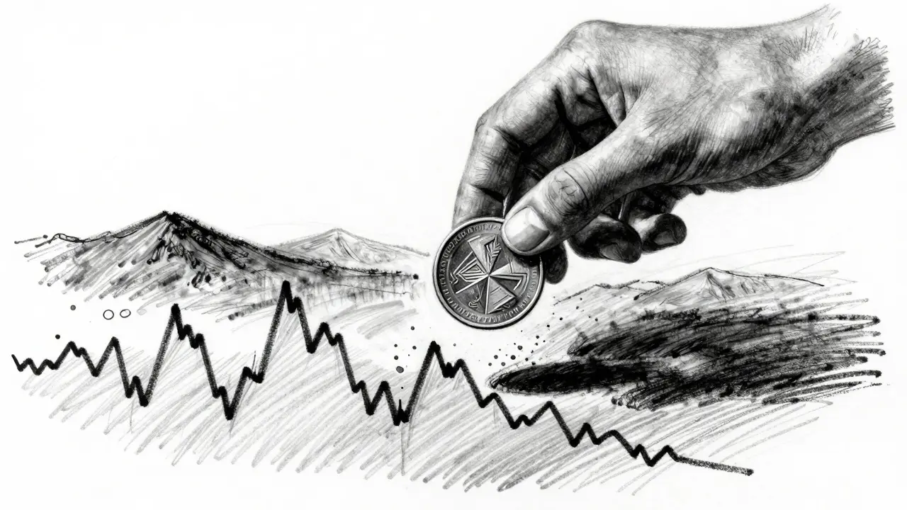 Charcoal drawing of a hand holding a coin over a volatile market landscape