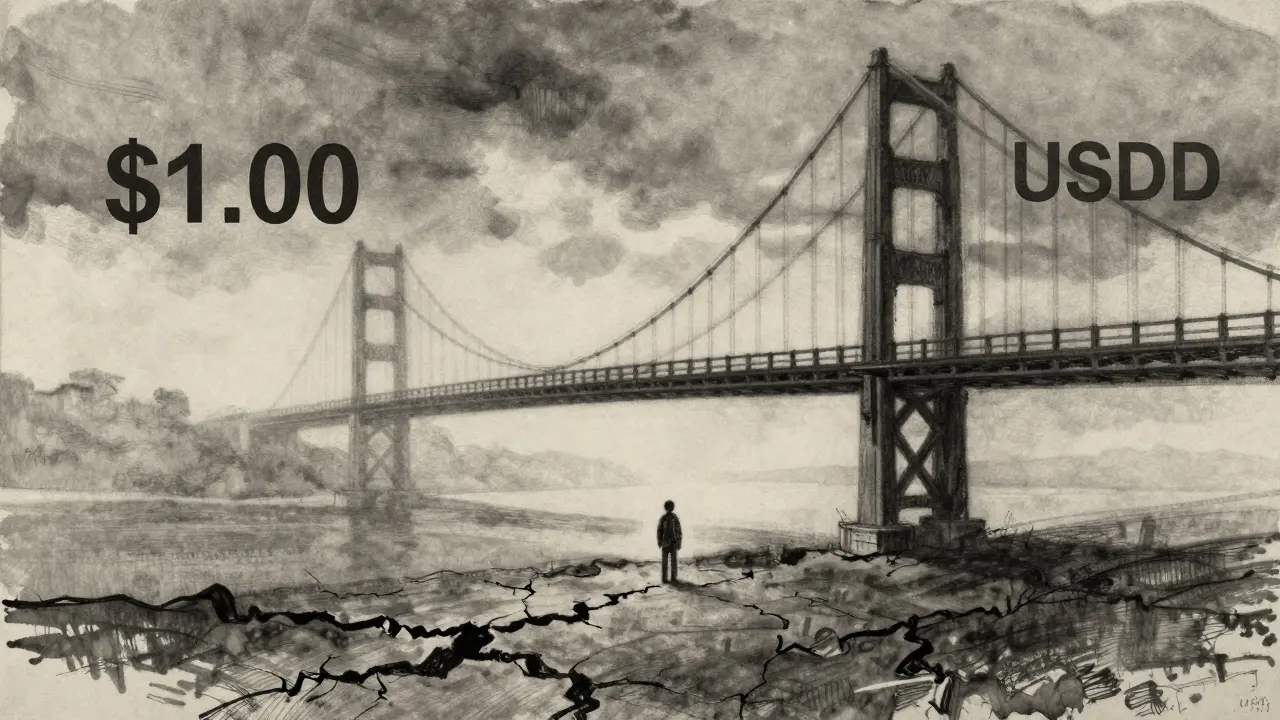 Charcoal drawing of a lone figure facing a dissolving bridge