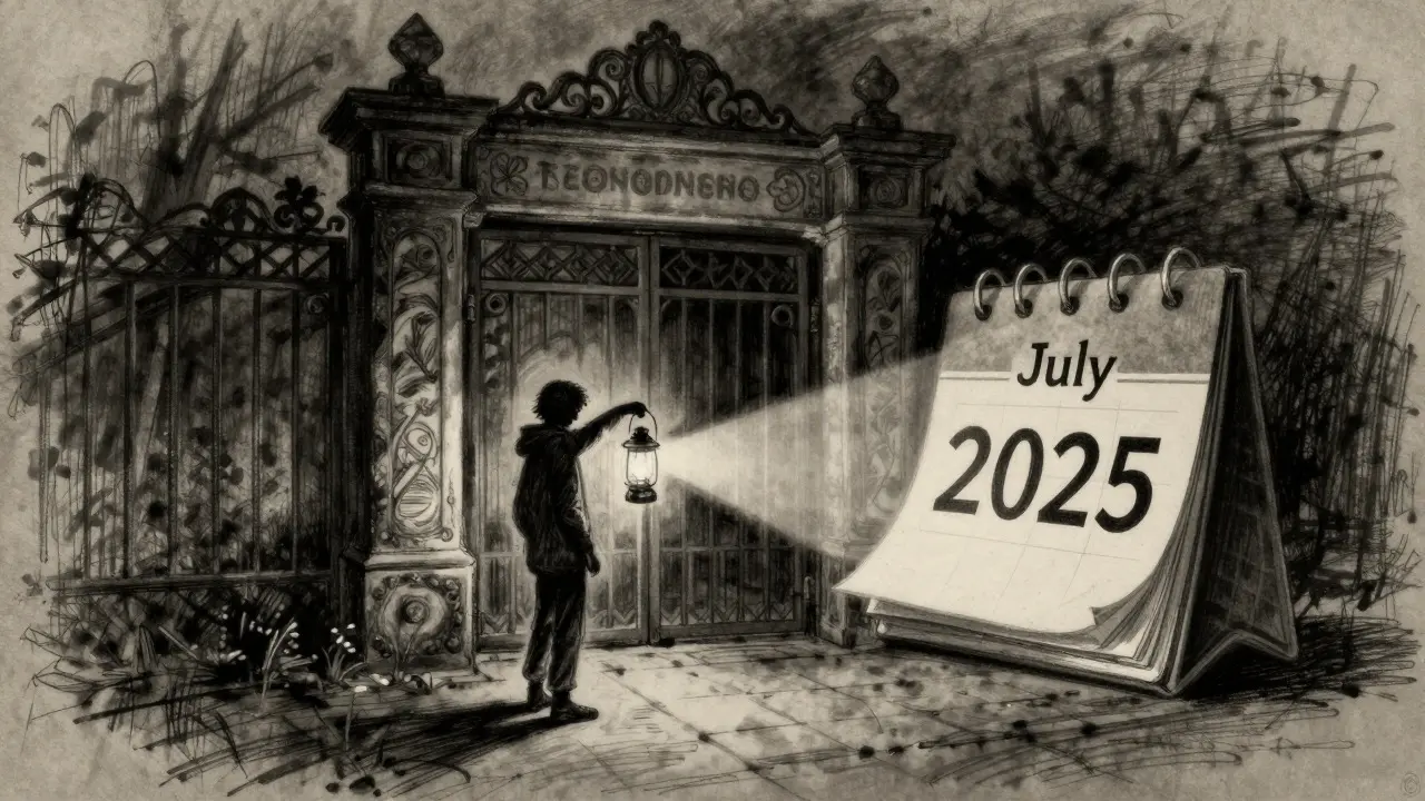 Charcoal drawing of a person looking at a past date on a calendar in a dark room