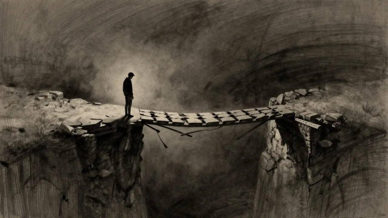 Charcoal drawing of a person on a crumbling bridge over an abyss, symbolizing low liquidity risk.