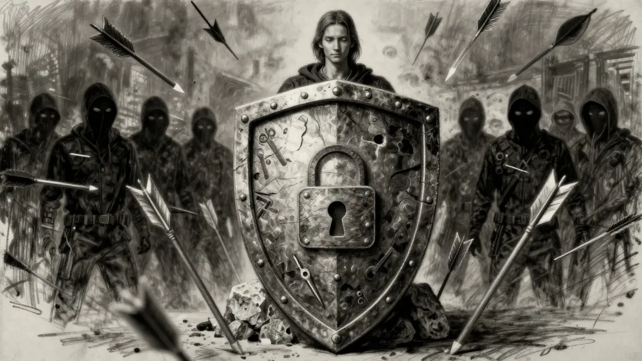 Charcoal drawing of a stone shield protecting a figure from incoming arrows