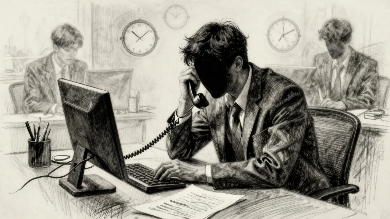 Charcoal drawing of frustrated trader dealing with slow customer support