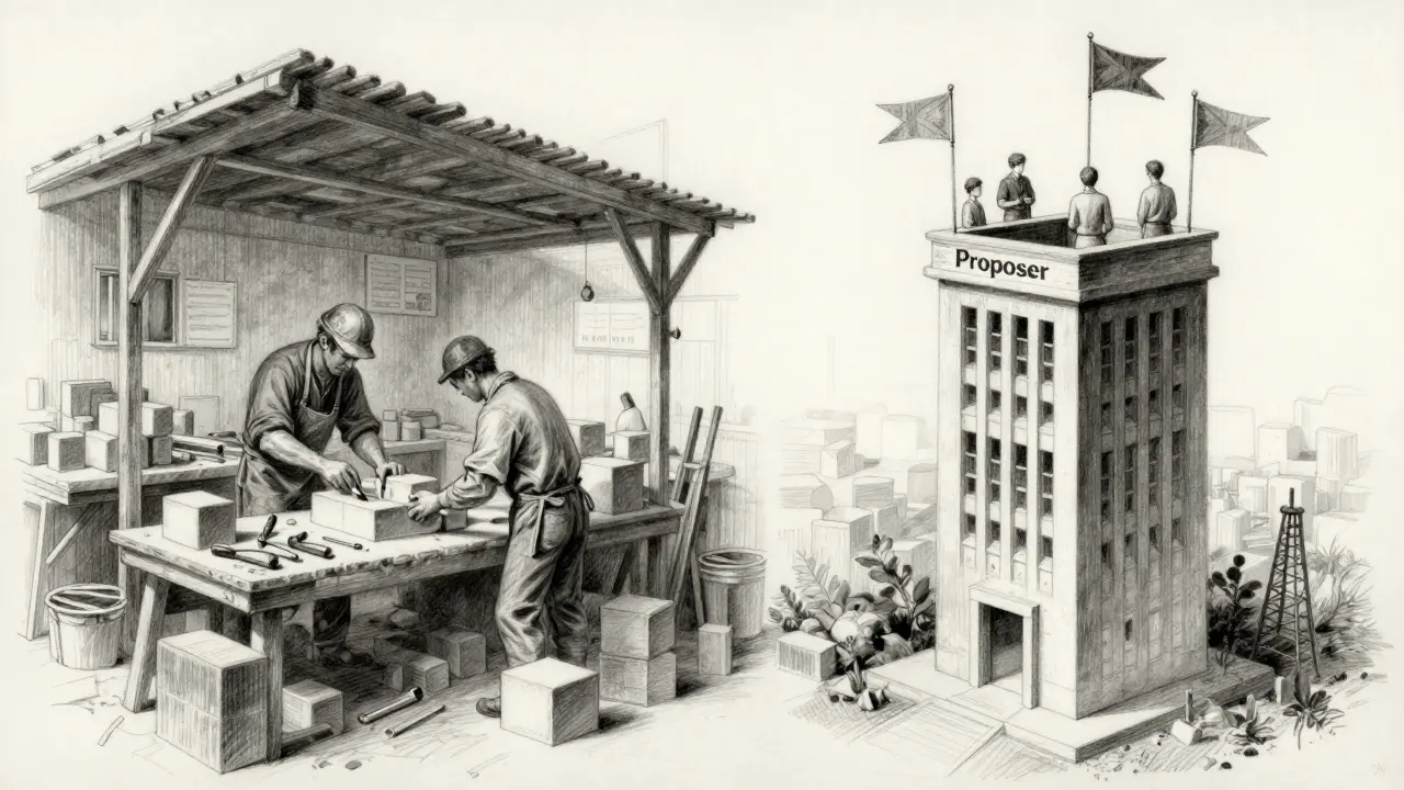 Charcoal drawing separating block builders and proposers to illustrate decentralized blockchain structure.