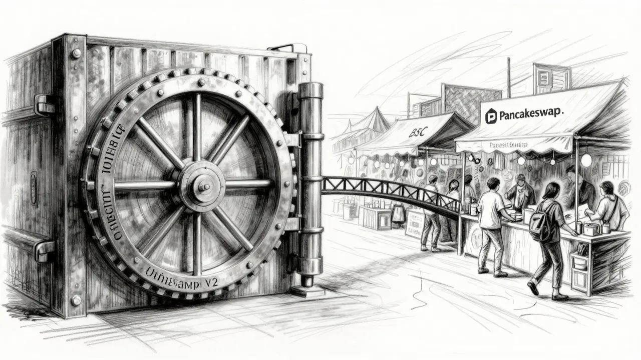 Charcoal illustration comparing secure Ethereum vault with fast BSC marketplace