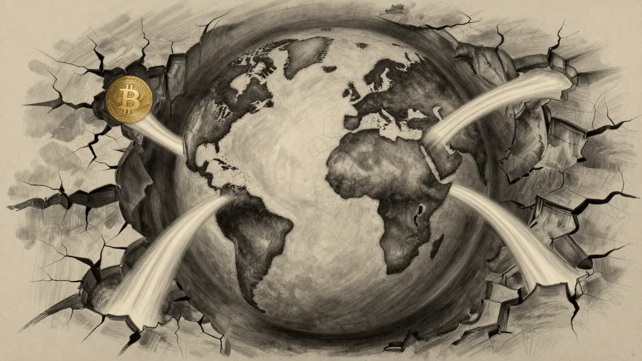 Charcoal illustration of a globe with controlled money flows versus wild crypto cracks.