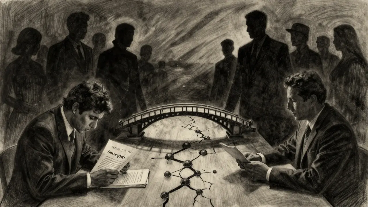 Charcoal illustration of El Salvador negotiating with shadowy international lenders.