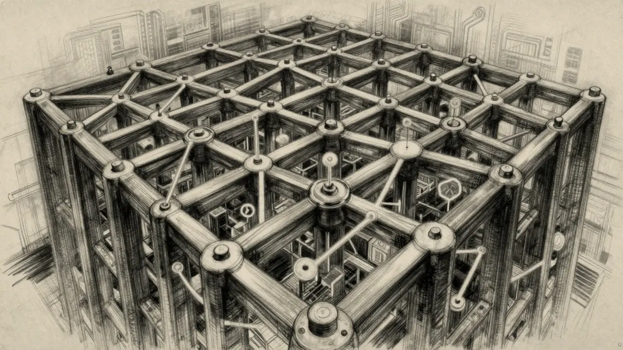 Charcoal sketch of a complex blockchain neural network structure
