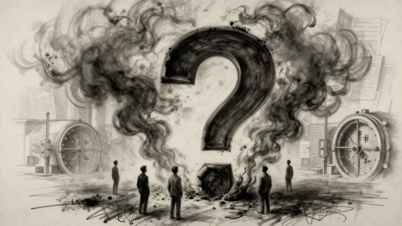 Charcoal sketch of a giant question mark made of smoke over hesitant figures
