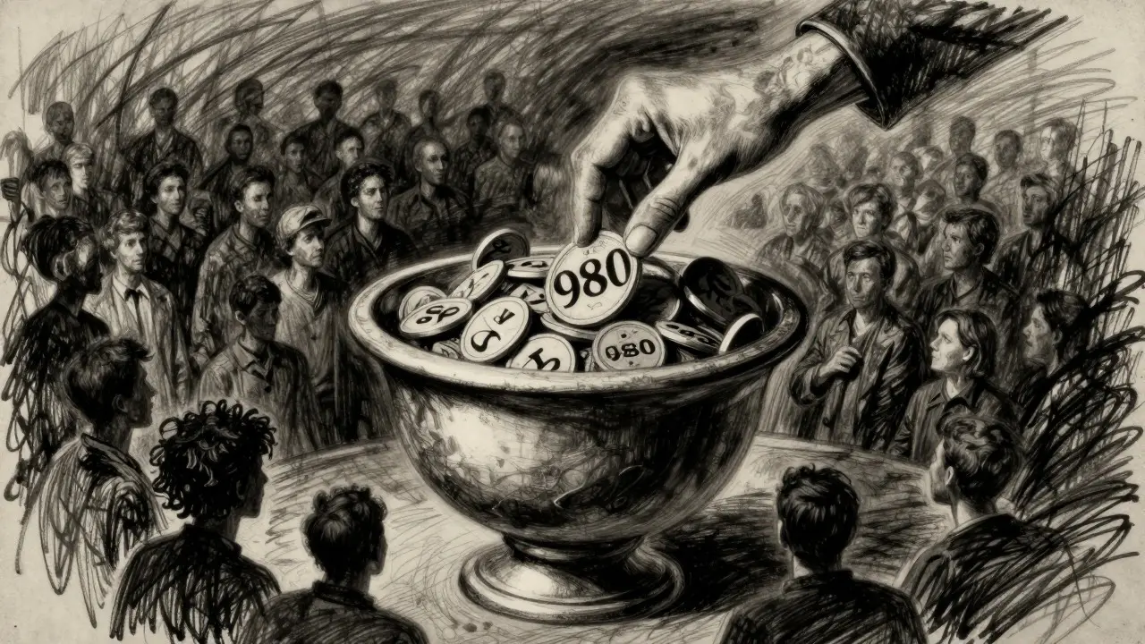 Charcoal sketch of a lottery urn selecting a winner from a crowd of participants