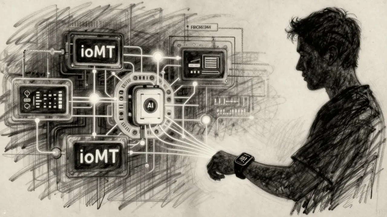 Charcoal sketch of a person with smartwatch linked to blockchain health data grid