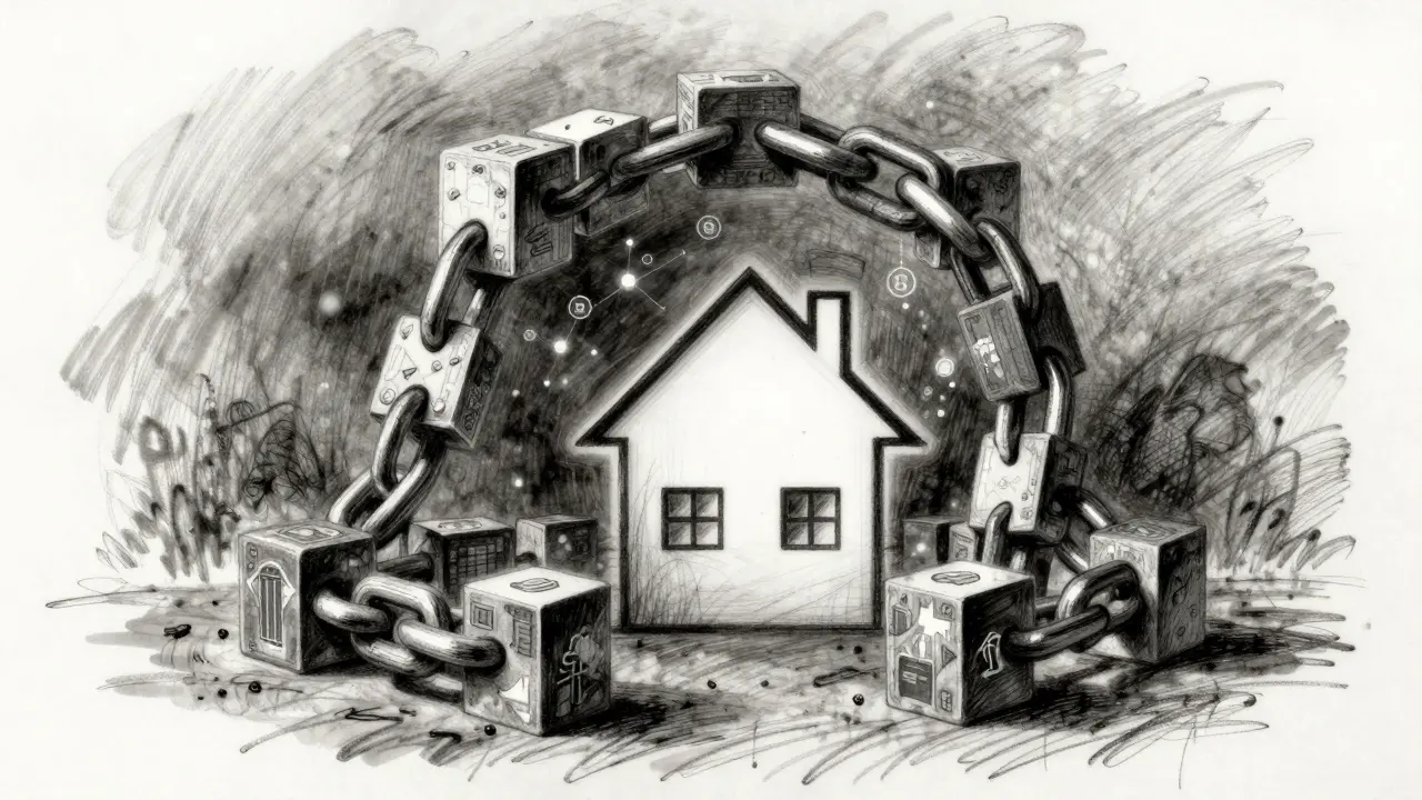 Charcoal sketch of a strong blockchain chain protecting a house from tampering.