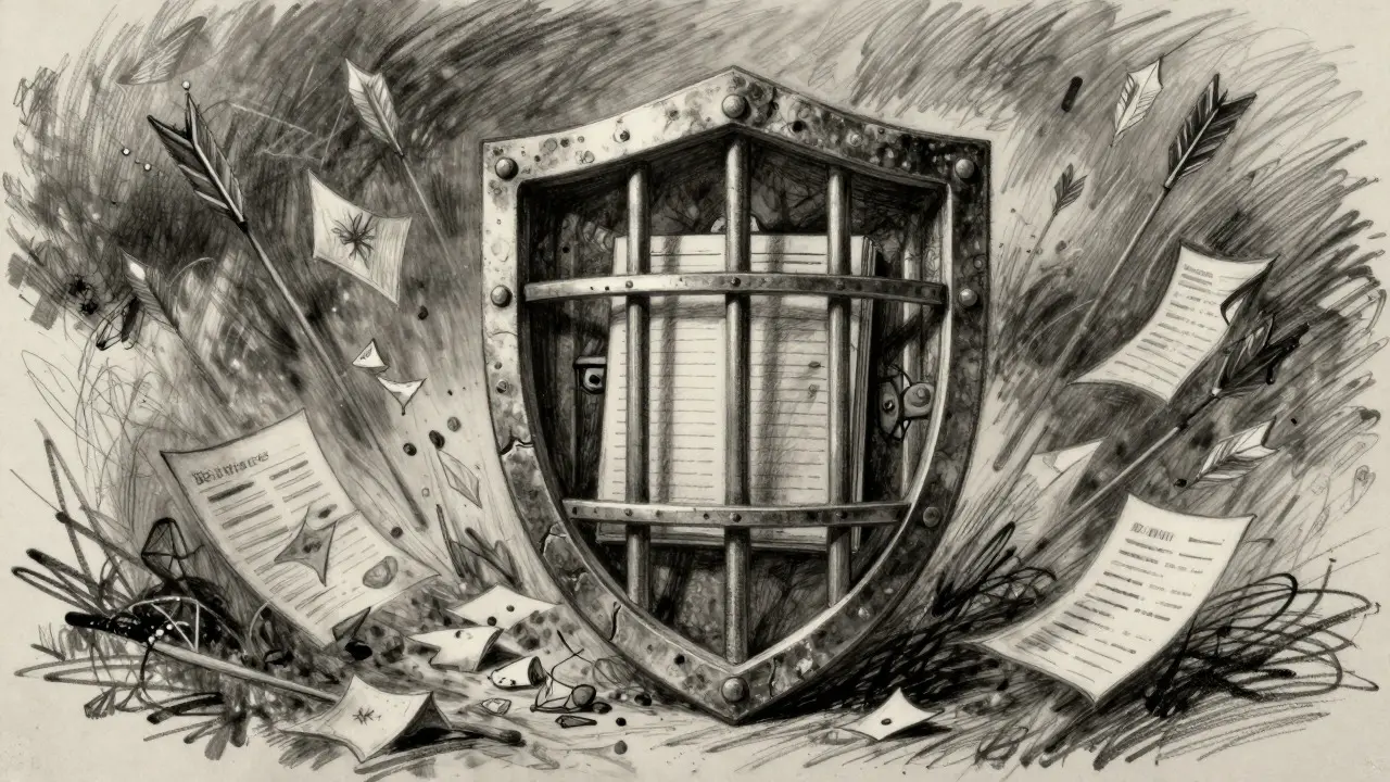 Charcoal sketch of a strong shield protecting a secure vault from chaotic, scribbled attacks
