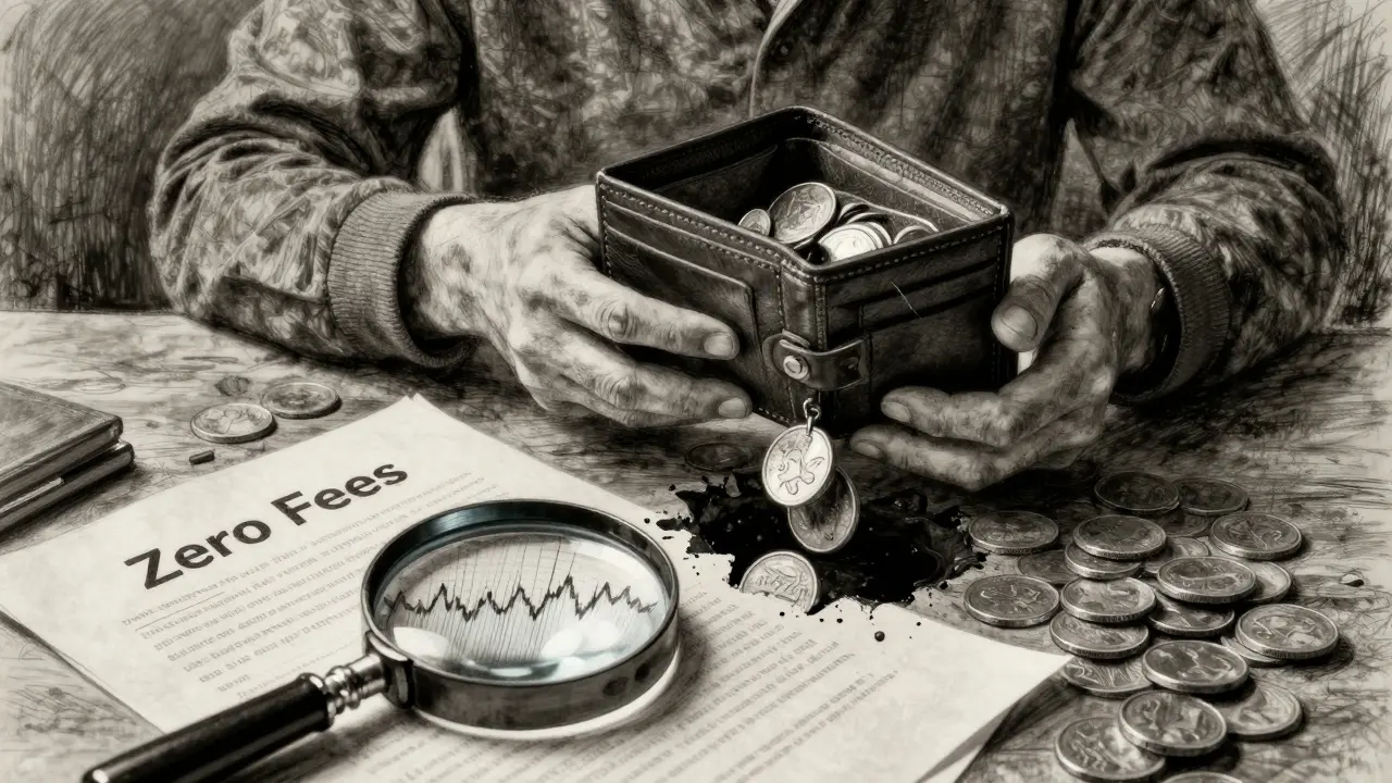 Charcoal sketch of a user discovering hidden fees leaking from their digital wallet
