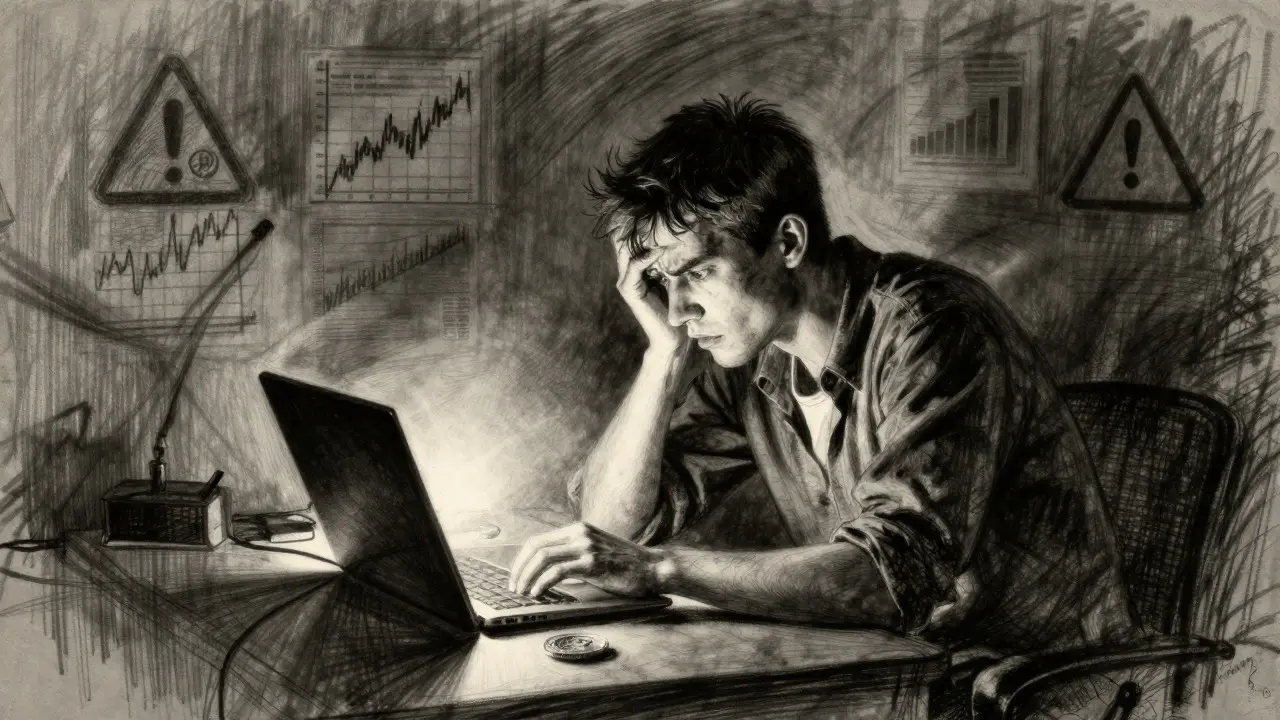 Charcoal sketch of an anxious trader looking at a glowing screen in a dark room