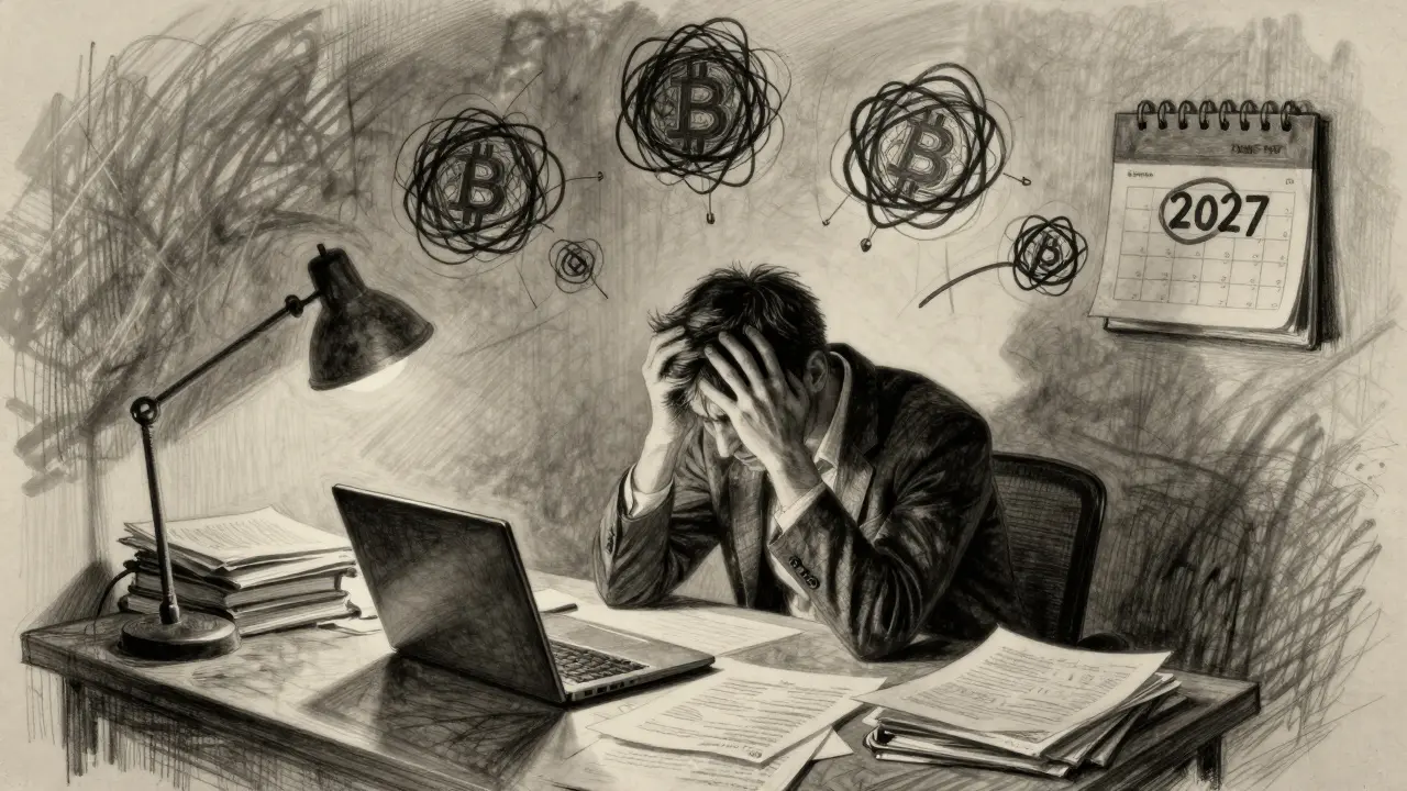 Charcoal sketch of an investor struggling with complex crypto transaction records