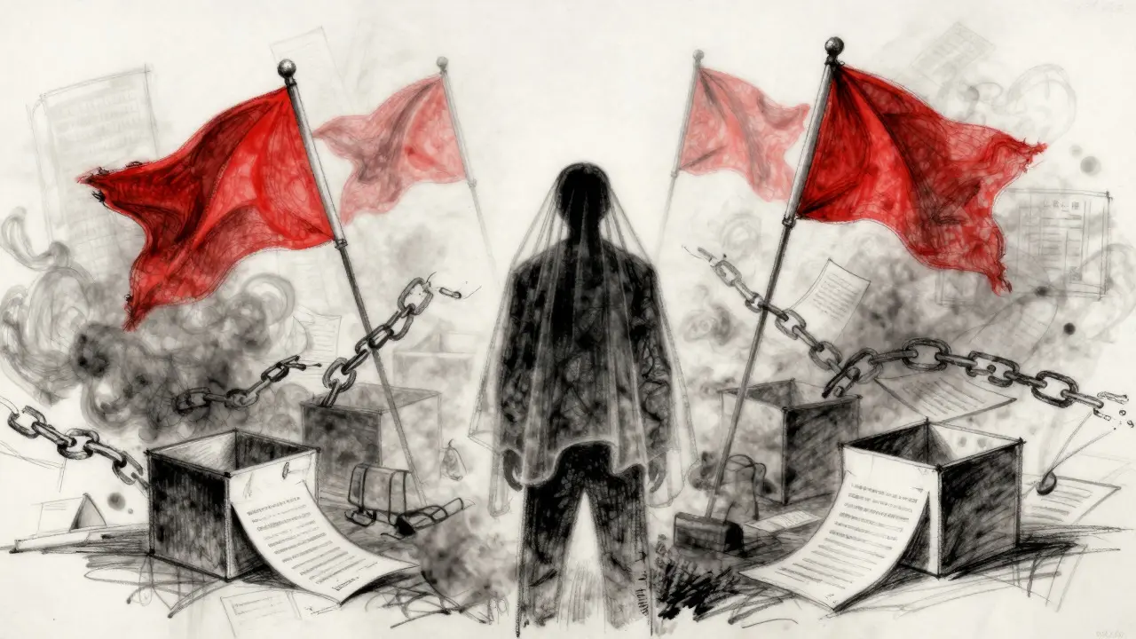 Charcoal sketch of anonymous figure surrounded by warning signs